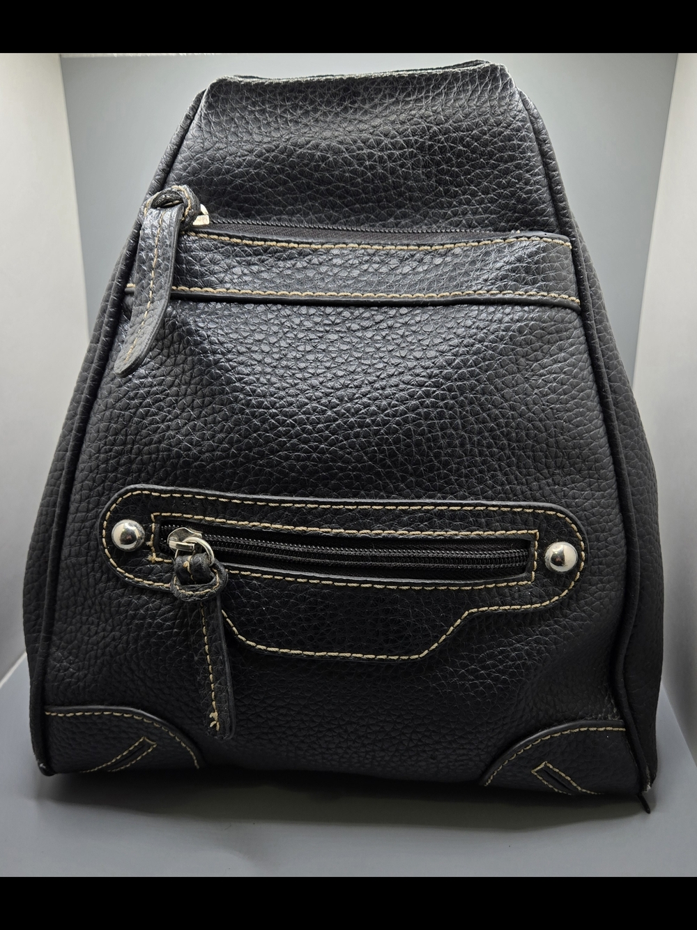 Black Leather Pebbled Leather Backpack w/ Contrast Stitching